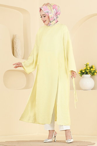 moda selvim Yırtmaç Detaylı Bağcıklı Tunik 4796ZNK1009 Sarı - Thumbnail