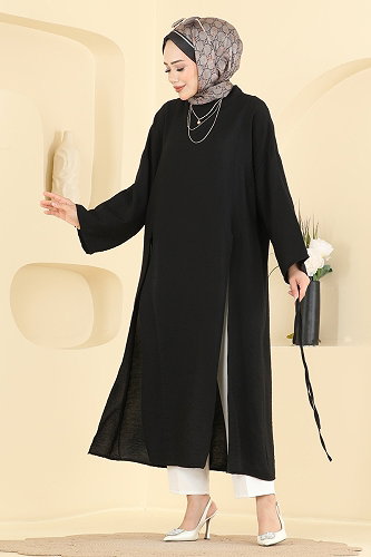 moda selvim Yırtmaç Detaylı Bağcıklı Tunik 4796ZNK1009 Siyah - Thumbnail