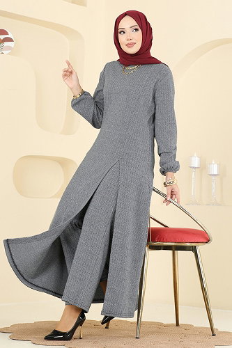 moda selvim Yırtmaç Detaylı Balıksırtı Takım 24003UKBK1160 Gri - Thumbnail