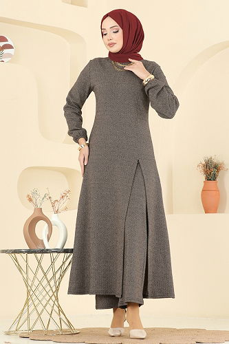 moda selvim Yırtmaç Detaylı Balıksırtı Takım 24003UKBK1160 Koyu Vizyon - Thumbnail