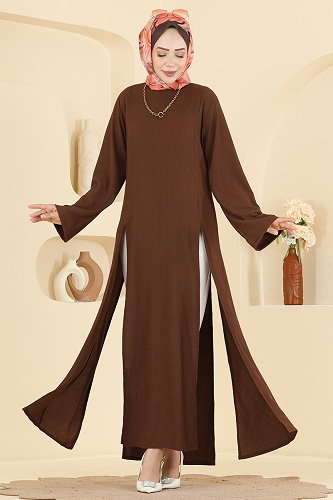 moda selvim Yırtmaç Detaylı Bürümcük Tunik 0180BG354 Kahve - Thumbnail
