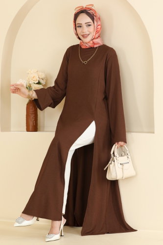 B.G.S. - Yırtmaç Detaylı Bürümcük Tunik 0180BG354 Kahve