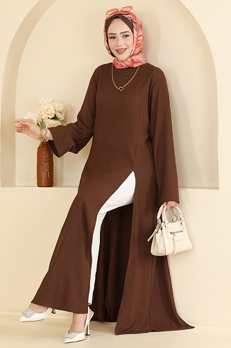 moda selvim Yırtmaç Detaylı Bürümcük Tunik 0180BG354 Kahve - Thumbnail