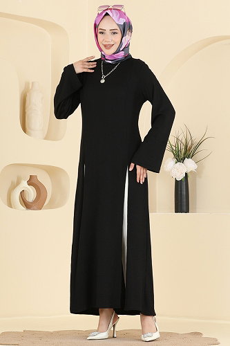 moda selvim Yırtmaç Detaylı Bürümcük Tunik 0180BG354 Siyah - Thumbnail