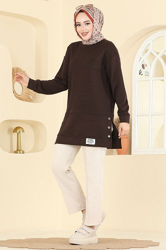 moda selvim Yırtmaç Detaylı Modal Tunik 2630MSZ1172 Acı Kahve - Thumbnail