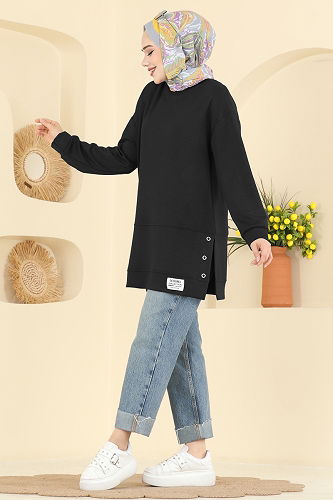 moda selvim Yırtmaç Detaylı Modal Tunik 2630MSZ1172 Siyah - Thumbnail