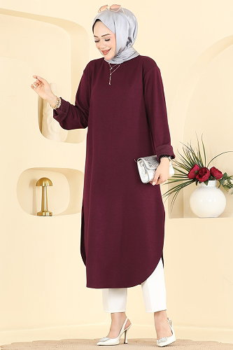moda selvim Yırtmaç Detaylı Rahat Tunik 2832AYD574 Bordo - Thumbnail