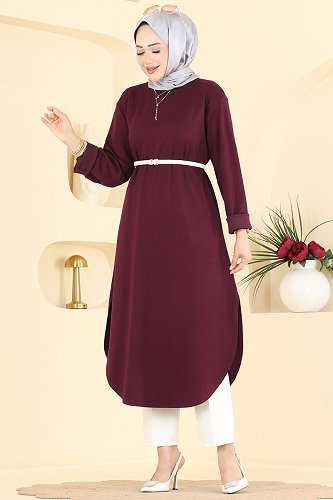 moda selvim Yırtmaç Detaylı Rahat Tunik 2832AYD574 Bordo - Thumbnail