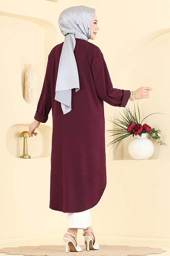 moda selvim Yırtmaç Detaylı Rahat Tunik 2832AYD574 Bordo - Thumbnail