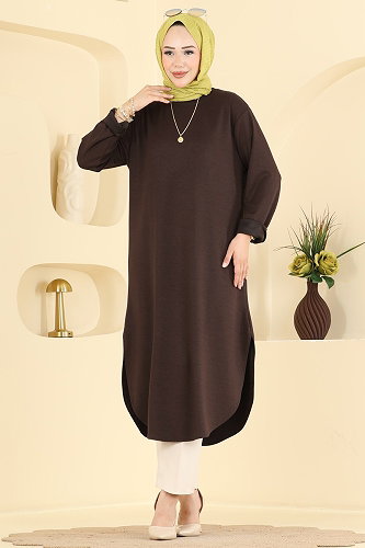 moda selvim Yırtmaç Detaylı Rahat Tunik 2832AYD574 Kahve - Thumbnail