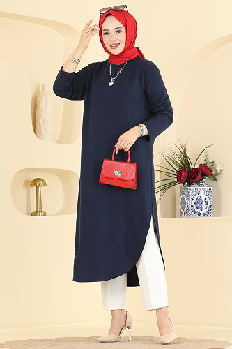 moda selvim Yırtmaç Detaylı Rahat Tunik 2832AYD574 Laci - Thumbnail
