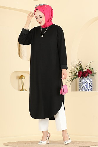 moda selvim Yırtmaç Detaylı Rahat Tunik 2832AYD574 Siyah - Thumbnail