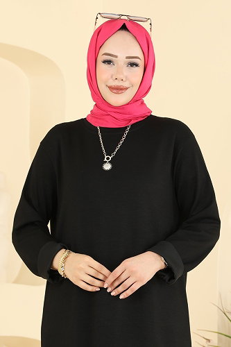 moda selvim Yırtmaç Detaylı Rahat Tunik 2832AYD574 Siyah - Thumbnail