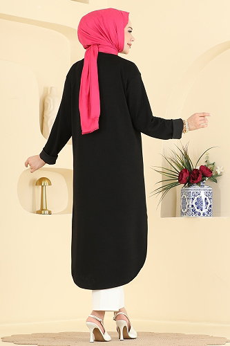 moda selvim Yırtmaç Detaylı Rahat Tunik 2832AYD574 Siyah - Thumbnail