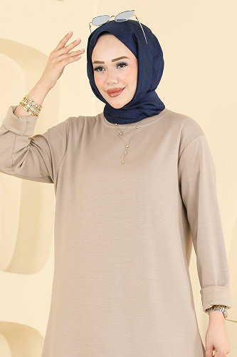 moda selvim Yırtmaç Detaylı Rahat Tunik 2832AYD574 Taş - Thumbnail