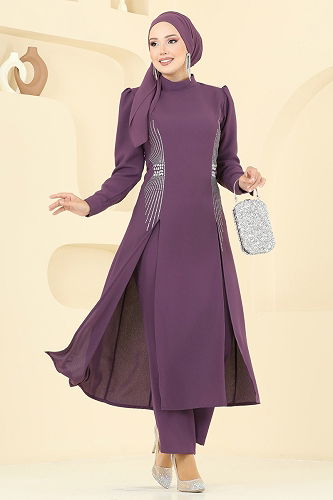 moda selvim Yırtmaç Detaylı Şık Takım 2723SL432 Koyu Lila - Thumbnail