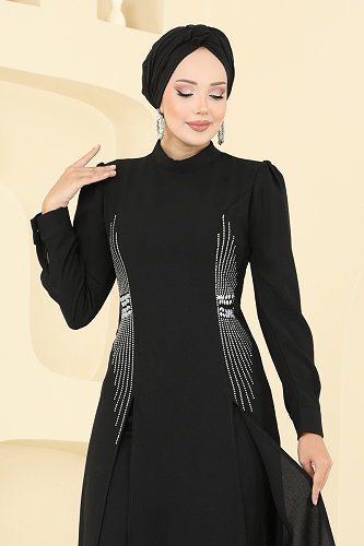 moda selvim Yırtmaç Detaylı Şık Takım 2723SL432 Siyah - Thumbnail