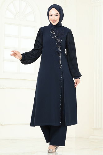 moda selvim Yırtmaç Detaylı Şık Takım 8058ABK1075 Laci - Thumbnail