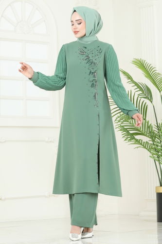 moda selvim Yırtmaç Detaylı Şık Takım 8058ABK1075 Mint - Thumbnail