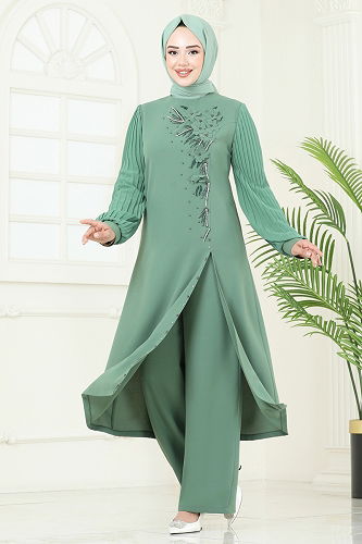 moda selvim Yırtmaç Detaylı Şık Takım 8058ABK1075 Mint - Thumbnail