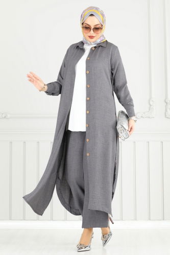 moda selvim Yırtmaç Düğmeli Keten Takım 833OZN1046 Antrasit - Thumbnail