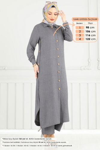 moda selvim Yırtmaç Düğmeli Keten Takım 833OZN1046 Antrasit - Thumbnail