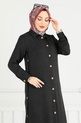 moda selvim Yırtmaç Düğmeli Keten Takım 833OZN1046 Siyah - Thumbnail