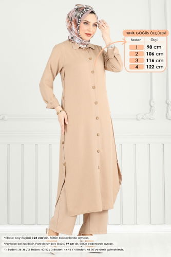 moda selvim Yırtmaç Düğmeli Keten Takım 833OZN1046 Vizyon - Thumbnail