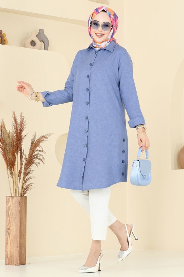 Modaselvim Tunik Yırtmaç Düğmeli Keten Tunik 3047KTR750 Açık İndigo