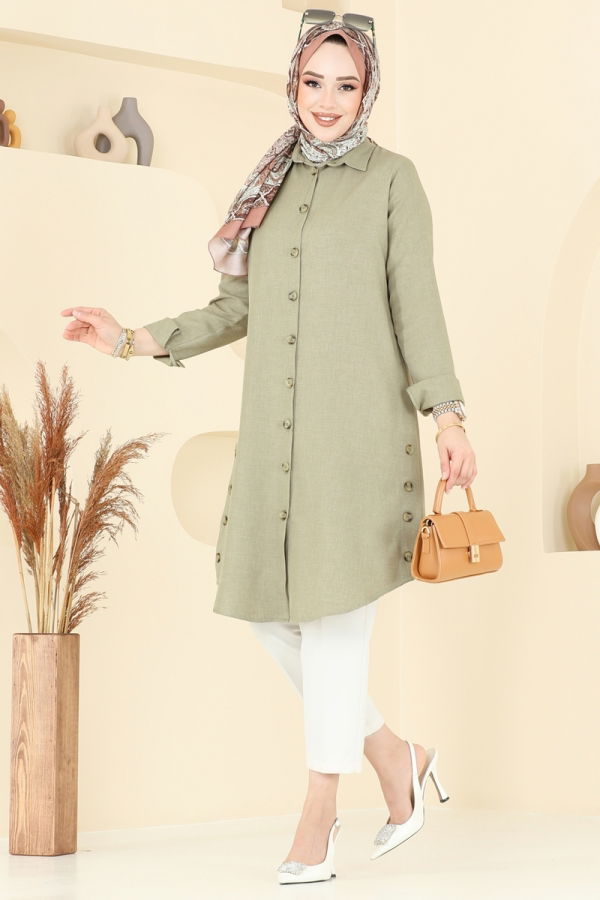 Modaselvim Tunik Yırtmaç Düğmeli Keten Tunik 3047KTR750 Çağla