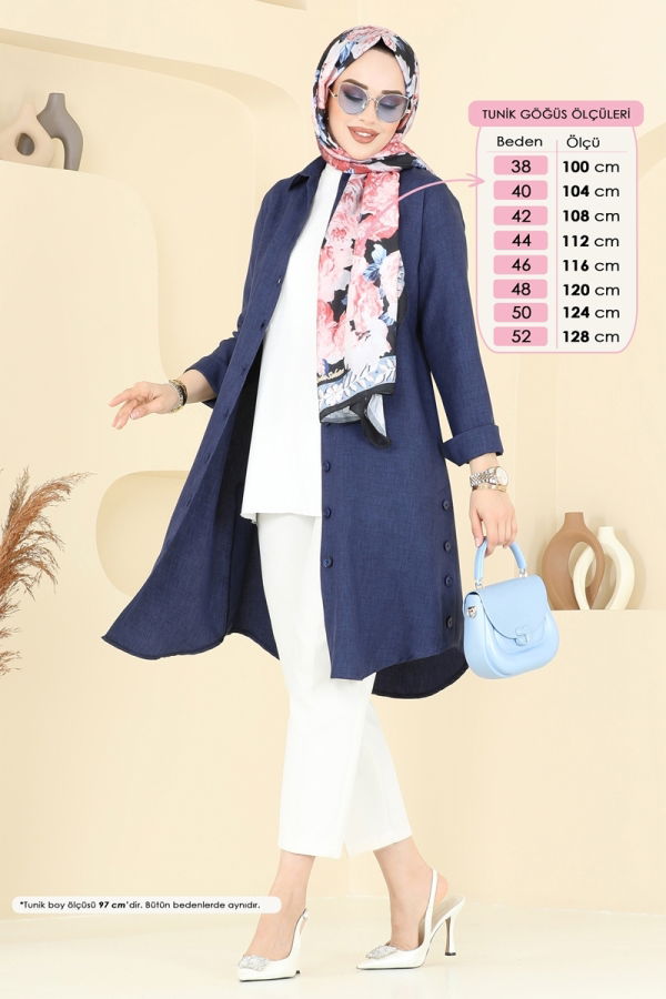 Modaselvim Tunik Yırtmaç Düğmeli Keten Tunik 3047KTR750 İndigo