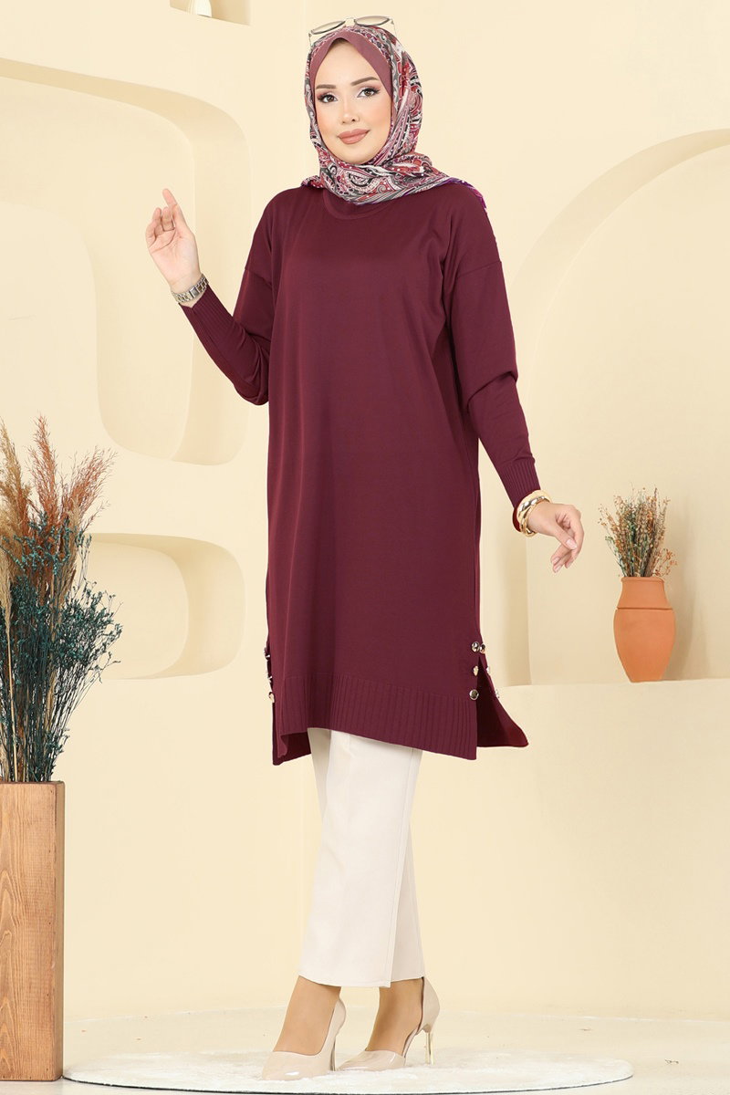 Yırtmaç Düğmeli Merserize Tunik 5006KLN570 Bordo
