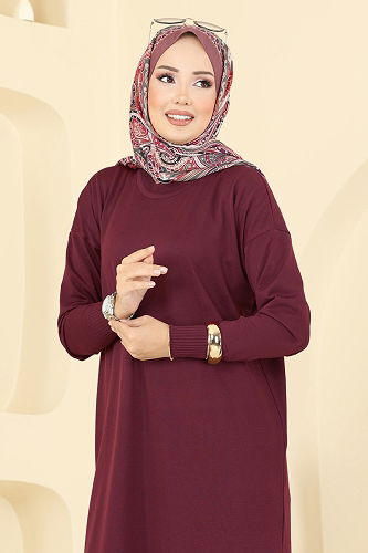 moda selvim Yırtmaç Düğmeli Merserize Tunik 5006KLN570 Bordo - Thumbnail