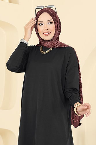 moda selvim Yırtmaç Düğmeli Merserize Tunik 5006KLN570 Siyah - Thumbnail