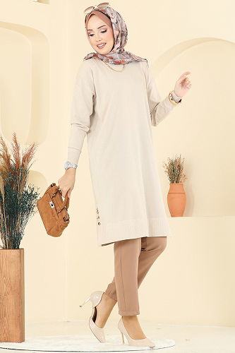 moda selvim Yırtmaç Düğmeli Merserize Tunik 5006KLN570 Taş - Thumbnail