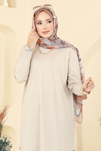 moda selvim Yırtmaç Düğmeli Merserize Tunik 5006KLN570 Taş - Thumbnail