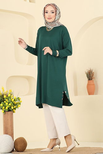 moda selvim Yırtmaç Düğmeli Merserize Tunik 5006KLN570 Zümrüt - Thumbnail