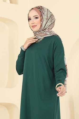 moda selvim Yırtmaç Düğmeli Merserize Tunik 5006KLN570 Zümrüt - Thumbnail