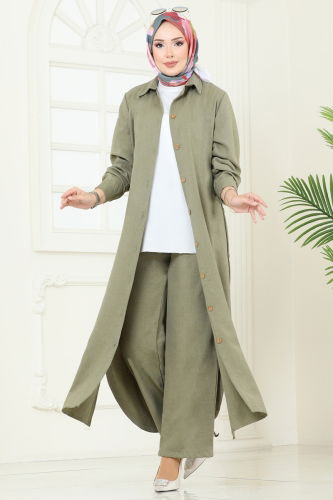 moda selvim Yırtmaç Düğmeli Takım 833OZN1046 Açık Çağla - Thumbnail