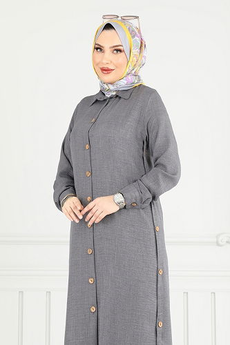 moda selvim Yırtmaç Düğmeli Takım 833OZN1046 Antrasit - Thumbnail