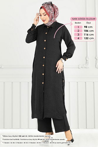 moda selvim Yırtmaç Düğmeli Takım 833OZN1046 Siyah - Thumbnail