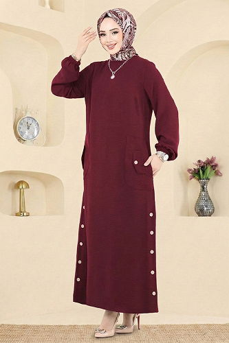 moda selvim Yırtmaç Düğmeli Tesettür Elbise PL4346 Bordo - Thumbnail