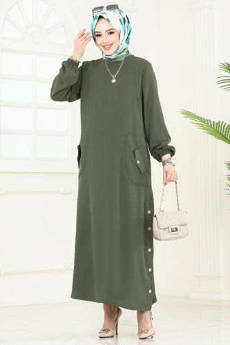 P.L. - Yırtmaç Düğmeli Tesettür Elbise PL4346 Haki
