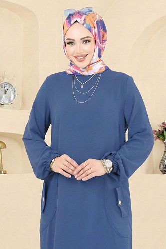 moda selvim Yırtmaç Düğmeli Tesettür Elbise PL4346 İndigo - Thumbnail