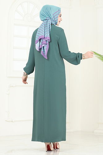 moda selvim Yırtmaç Düğmeli Tesettür Elbise PL4346 Koyu Mint - Thumbnail