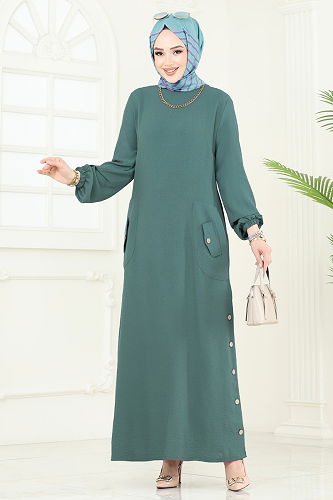 moda selvim Yırtmaç Düğmeli Tesettür Elbise PL4346 Koyu Mint - Thumbnail