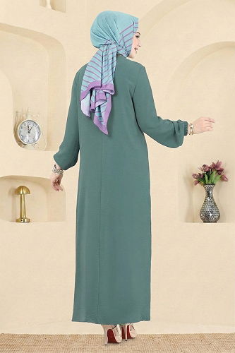 moda selvim Yırtmaç Düğmeli Tesettür Elbise PL4346 Koyu Mint - Thumbnail