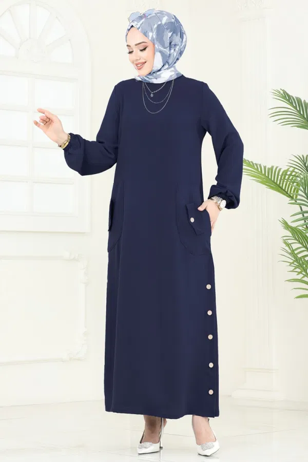 Modaselvim Elbise Yırtmaç Düğmeli Tesettür Elbise PL4346 Laci