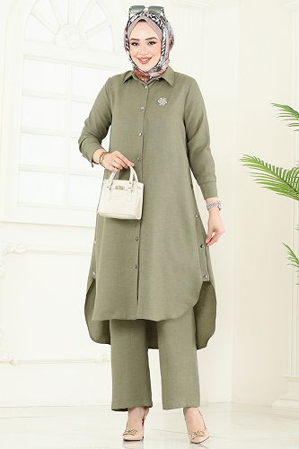 moda selvim Yırtmaç Düğmeli Tesettür Kombin 23014UKB139 Çağla - Thumbnail