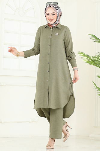 moda selvim Yırtmaç Düğmeli Tesettür Kombin 23014UKB139 Çağla - Thumbnail